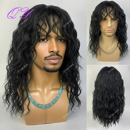 Synthetic Men Wig Natural Curly Dark Brown Color Male Wig With Bangs Water Wave Daily or Cosplay Adjustable Man Hair Wig