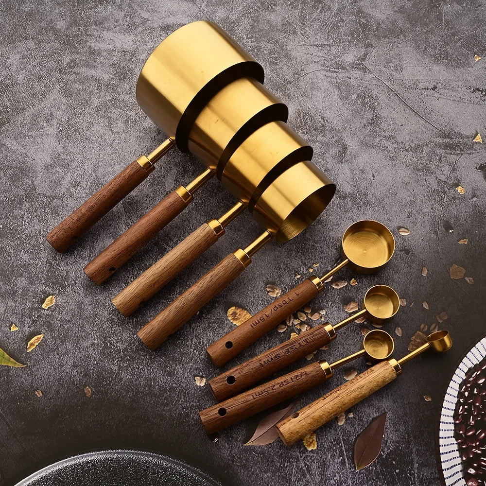 4/8Pcs Wooden Handle Stainless Steel Measuring Cups Spoons Baking Tools Coffee Measuring Spoon Set Bartending Scale Accessories