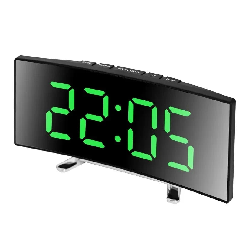 Creative Curved Electronic Clock, LED Large Screen Plug-in Battery Dual-purpose Mirror Alarm Clock, Student Bedroom Dedicated