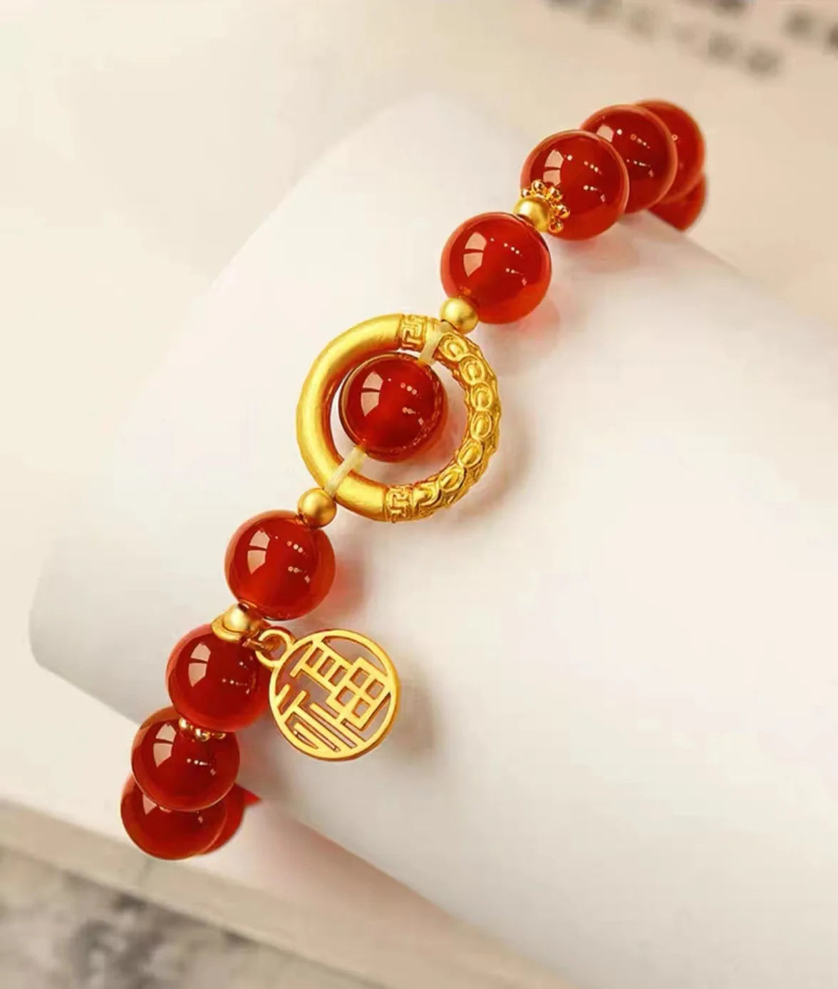 Real gold and red agate acacia bean bracelet AU999 pure gold fortune brand bracelet womens temperament 24k jewelry wholesale