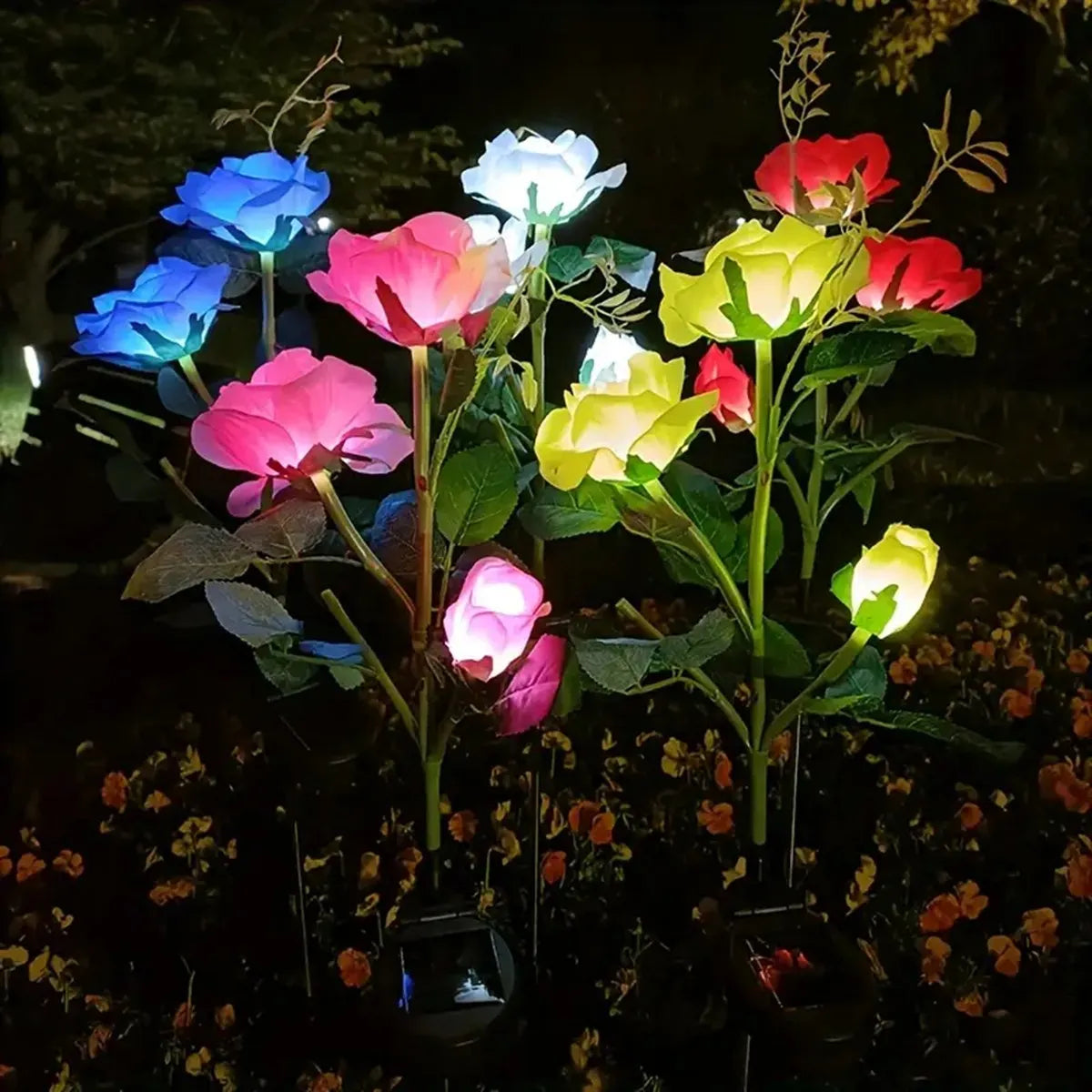 1pcs Outdoor Waterproof Solar Rose Lights with 3 Realistic Lighted Flower Heads Garden Decorative Lamp For Home Patio Decoration