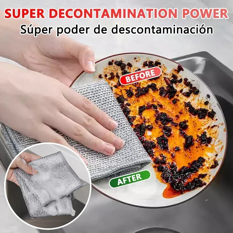 Magic Dishcloth Silver Wire Cleaning Kitchen Cloth Goods Thickened Microfiber Wash Towel Built-in Sponge Steel Wire Ball Rag