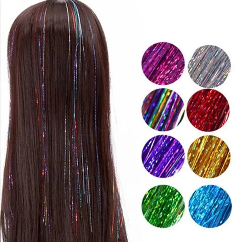 Long 90cm 200 Strands Sparkle Hair Tinsel Hair Rainbow Shiny Silk Hair Extensions Dazzles Women Hippie For Braiding Headdress