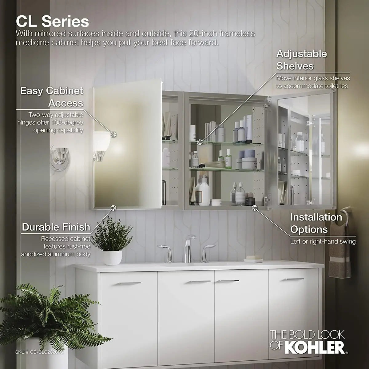 CB-CLC2026FS 20" W x 26" H Single-Door Bathroom Medicine Cabinet with Mirror, Recessed or Surface Mount Bathroom Wall Cab