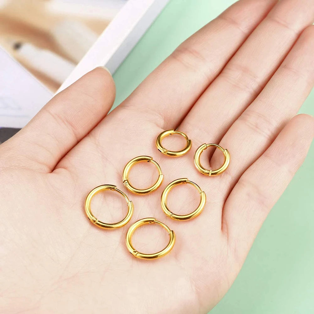 4Pairs Stainless Steel Solid Round Rings Huggies Earrings Set for Women Men Stackable 18K Gold Plated Tiny Ear Cartilage Hoops