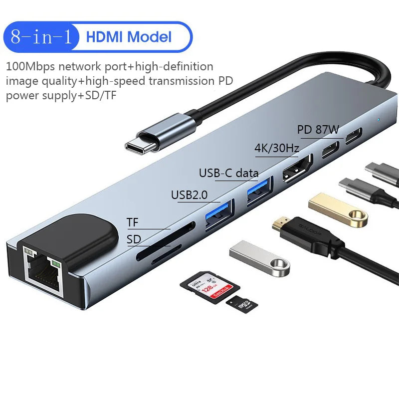 Type C Extender 8 in 1 USB HUB with HDMI Laptop Converter USB C to USB 3.0 2.0 Disk Ethernet Cable Card Reader and Charging Dock