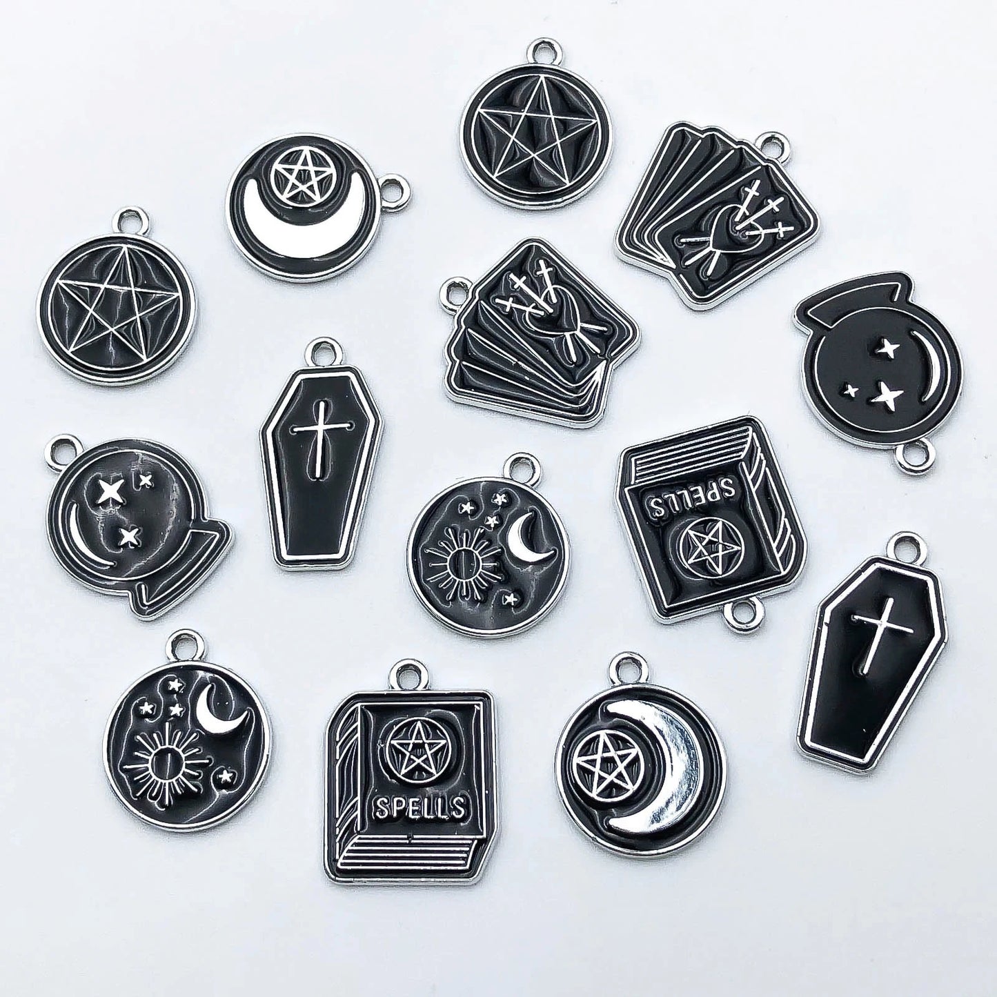 10/14pcs/pack Moon Star Cross Book Charms Enamel Alloy Black Magic Book Magic Ball Pendants For Jewelry Making Earring Bracelet