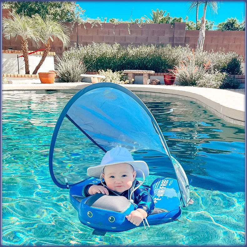 Mambobaby Baby Float with Sunshade Canopy and Crotch Strap Inflatable-free Safe Core Swimming Pool Accessory Bathroom Water Toy