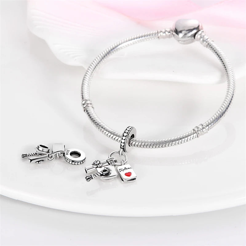 925 Sterling Silver Blue Enamel 2024 Graduation Heart Charm Graduation Cap Fit Pan Bracelet Student Collection Jewelry Gift