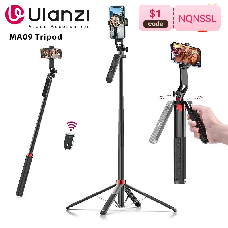 Ulanzi MA09 1.8m Selfie Stick Tripod for iPhone 16 15 14 13 12 Pro Max Phone with Remote Control with Panoramic Ball head Holder