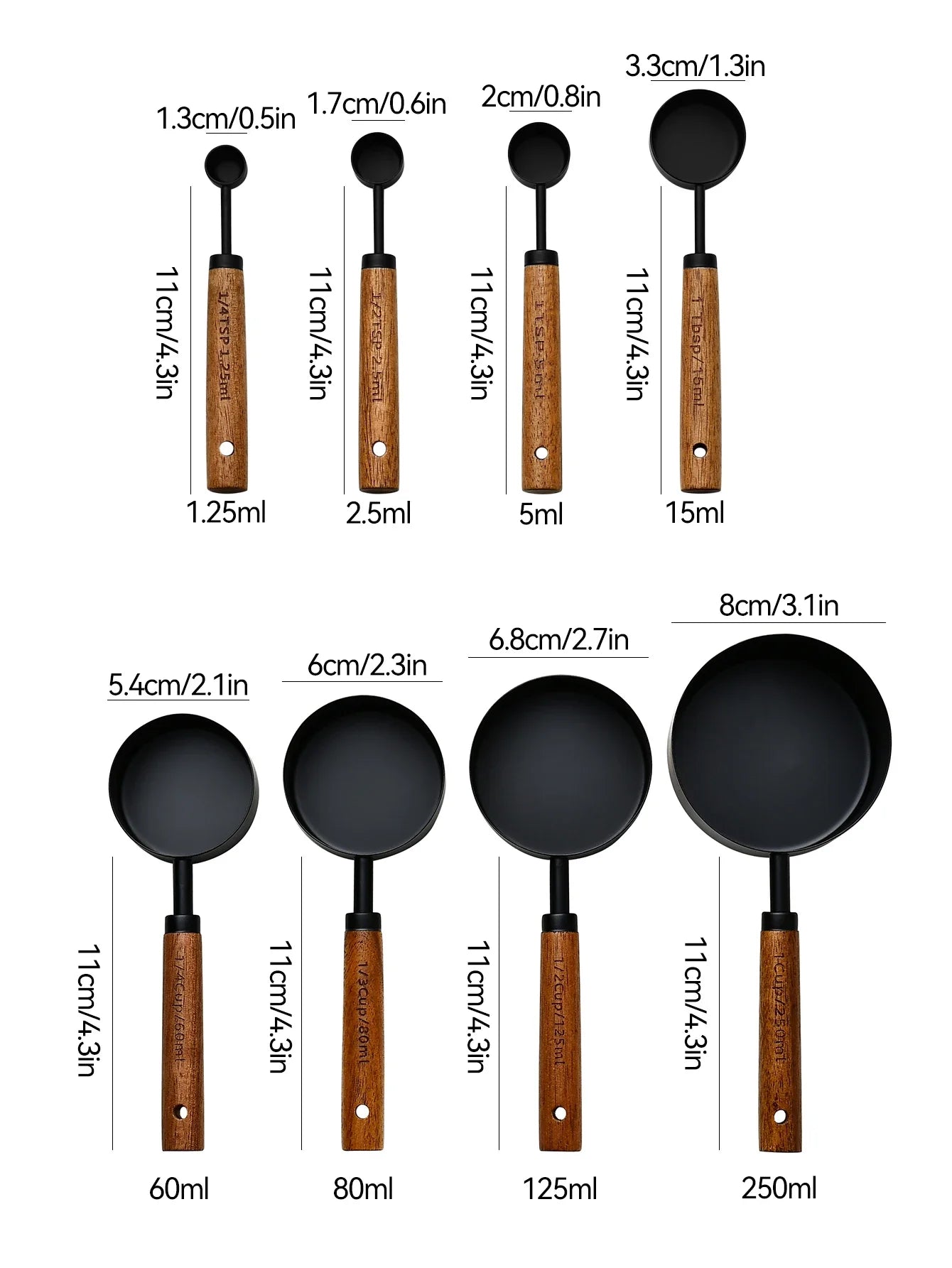 4/8Pcs Wooden Handle Stainless Steel Measuring Cups Spoons Baking Tools Coffee Measuring Spoon Set Bartending Scale Accessories