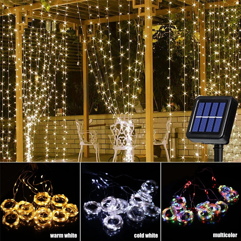 Outdoor Solar Curtain Light 300LED Waterproof String Lights Garden Yard Pavilion Fairy Garland String Lights Holiday Decor Light