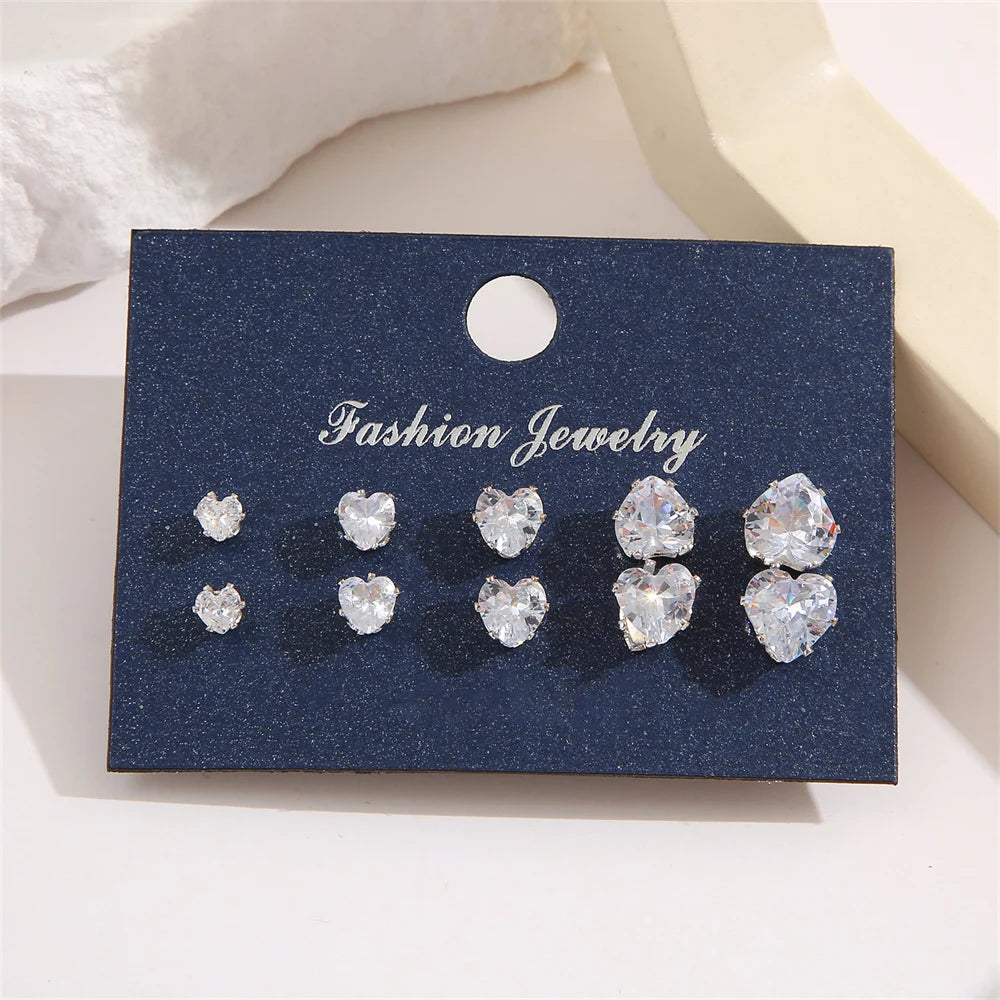 5 Pair/Pack Heart Shiny Wedding Stud Earrings Set for Women Men Crystal Jewelry Ear Studs Accessories Earring Jewelry Gift