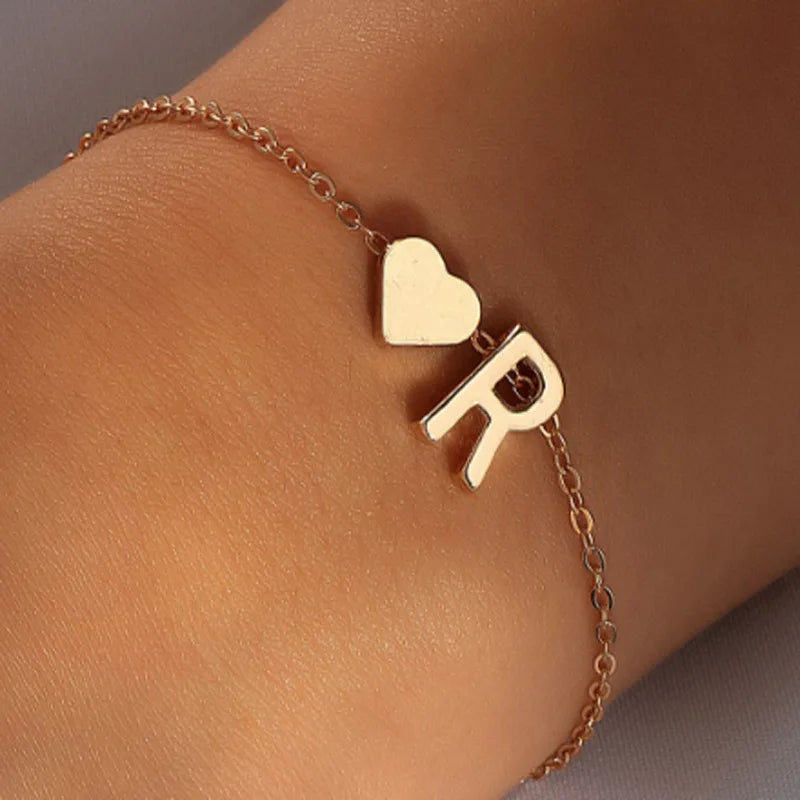 26 Letter Heart Bracelet With Heart Pendant Fashion DIY Personalized Bracelets Girls Women Anniversary Jewelry Gift