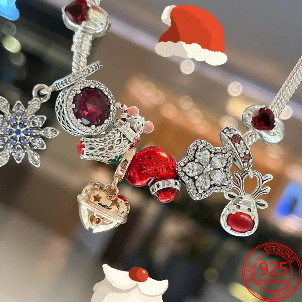 Christmas Series 925 Sterling Silver Hat Heart Red Reindeer Festive Car & Christmas Tree Dangle Charm Fit DlY Bracelet Necklaces