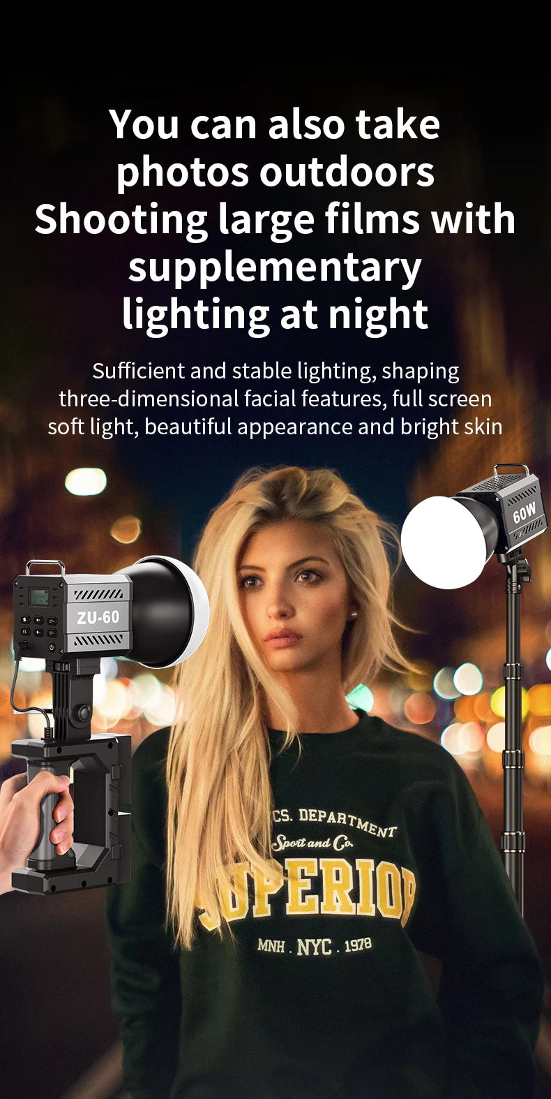 Bi-Color Camera Light 400g Portable 60W COB Continuous Output Lighting CRI≥90 TLCI≥97 Handheld Indoor Outdoor Photography Lights