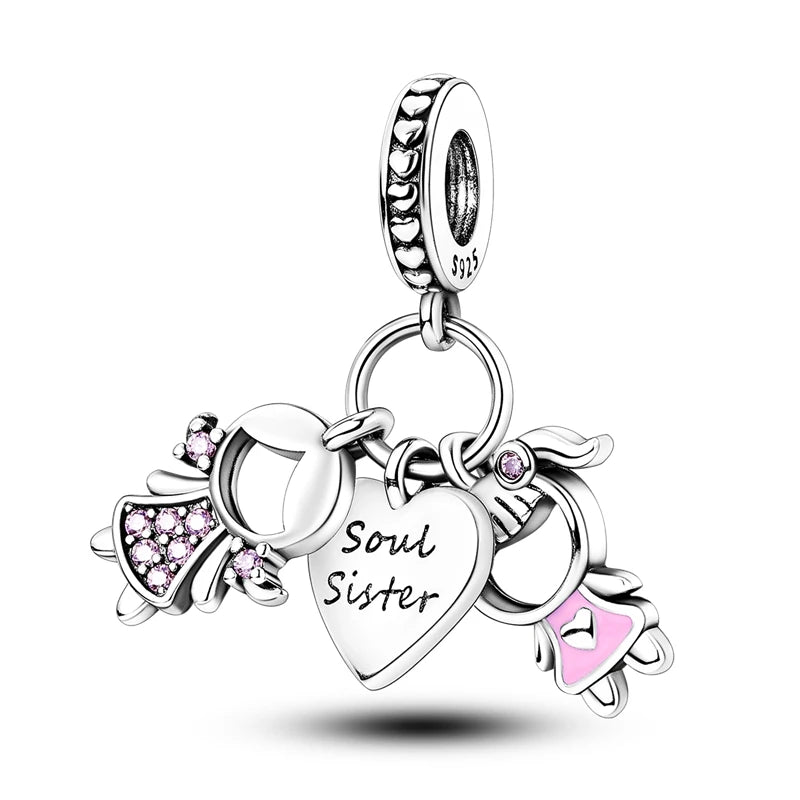 925 Silver Boy and Girl Sisters Couples Dangle Charms Fit Original Charm Bracelet DIY Beads Jewelry Making