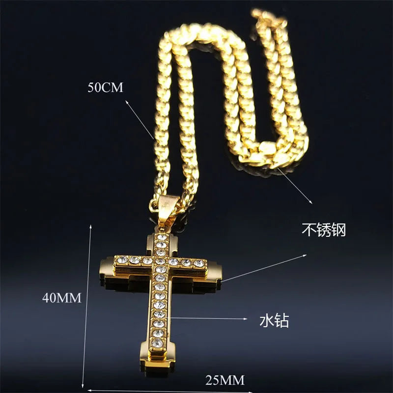 HNSP Cross Necklace Pendant Stainless Steel Luxury Zircon Jewelry Neck Accessories Christian Catholic Rosaries