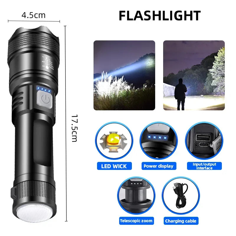 Powerful P70 Led Flashlights 5000LM Ultra Bright Tactical Light Emergency Spotlights Telescopic Zoom Light Builtin 18650 Battery