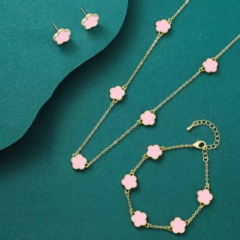 Lucky Five-petal Flower Clover Earrings Necklace Ring Bracelet Four-piece set for Woman Fashionable Accessories Party Jewelry