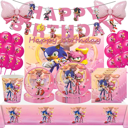 Sonic the Hedgehog Paper Tableware Kids Favors Pink Theme Sonic Happy Birthday Flag Party Decoration Tablecloth Balloons Kit