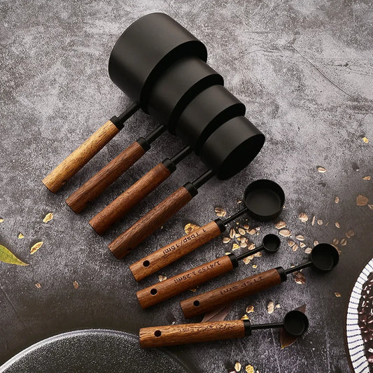 4/8Pcs Wooden Handle Stainless Steel Measuring Cups Spoons Baking Tools Coffee Measuring Spoon Set Bartending Scale Accessories