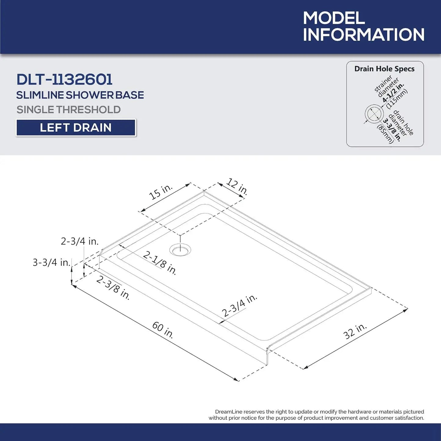 32 in. D x 60 in. W x 2 3/4 in. H Left Drain Single Threshold Shower Base in Black