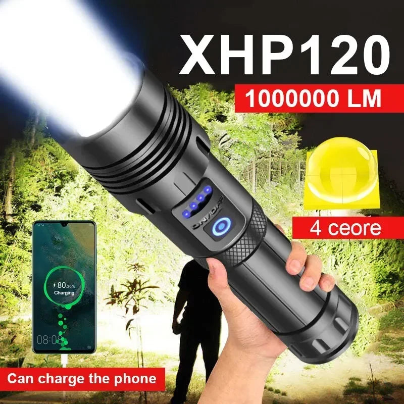 Super XHP120 Powerful Led Flashlight High Power Torch Light Rechargeable Tactical Flashlight Built-in 18650 Battery Camping Lamp