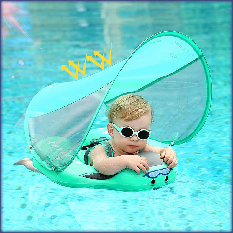 Mambobaby Baby Float with Sunshade Canopy and Crotch Strap Inflatable-free Safe Core Swimming Pool Accessory Bathroom Water Toy