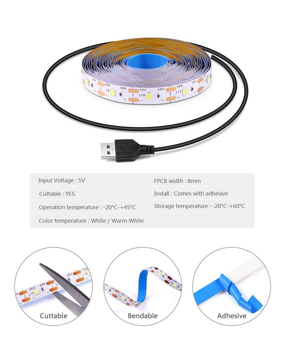 Energy-Saving DC 5V 2835 USB LED Diode Strip Light Suitable For TV Backlight Makeup Mirror Living Room Night Lighting Decoration