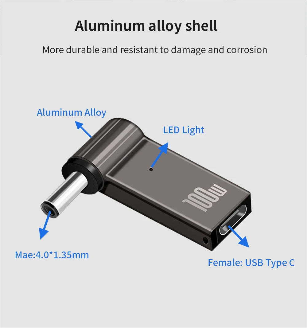 TISHRIC Laptop Power Charger Supply Connector Adapter PD 100W 5A  USB Type-C Female to DC Male For HP/Lenovo/DELL