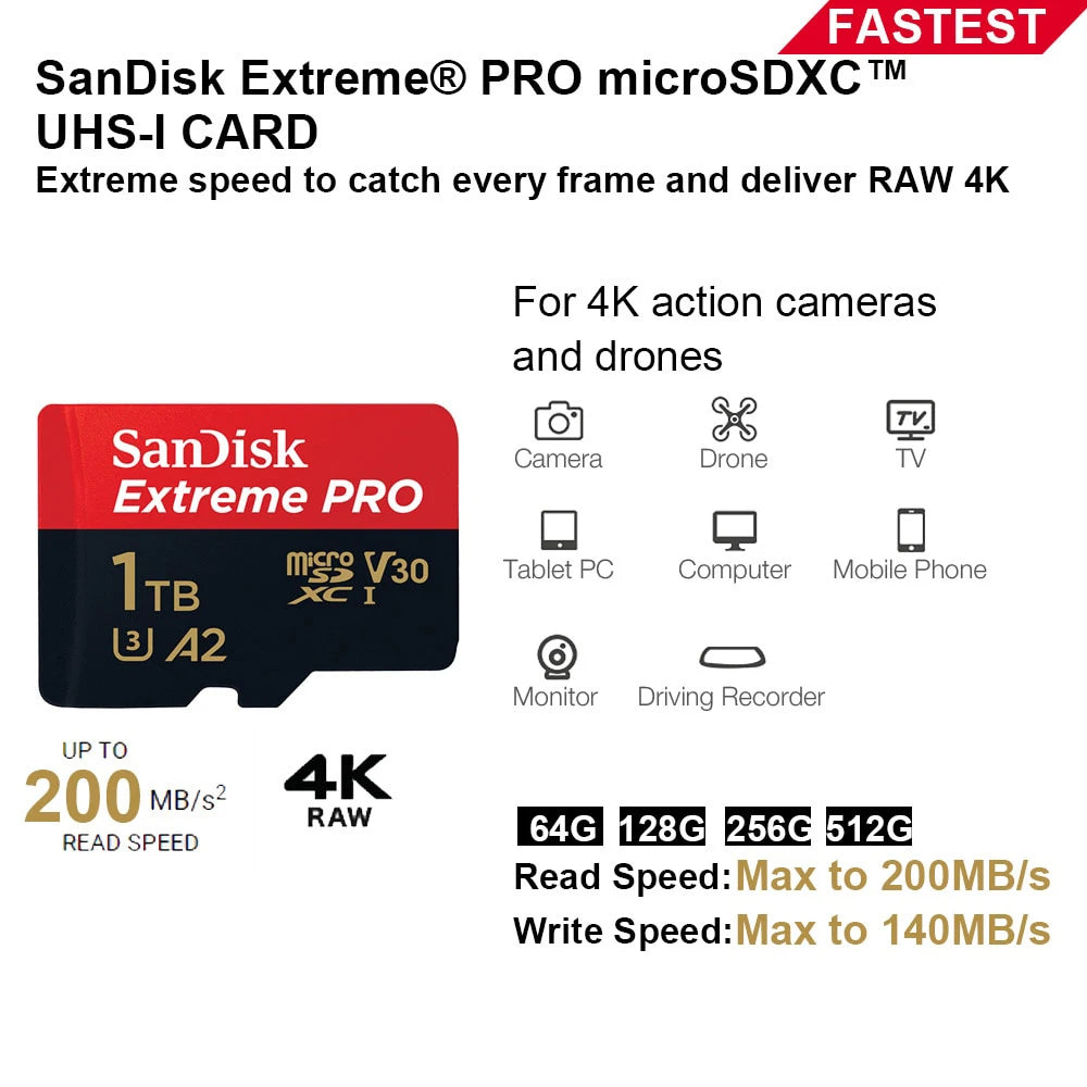 SanDisk V30 Extreme PRO Micro SD 32GB 64GB 128G 256G 512GB 1TB UHS-I Memory Card TF Card 200MB/s C10 U3 4K for Camera Steam Deck