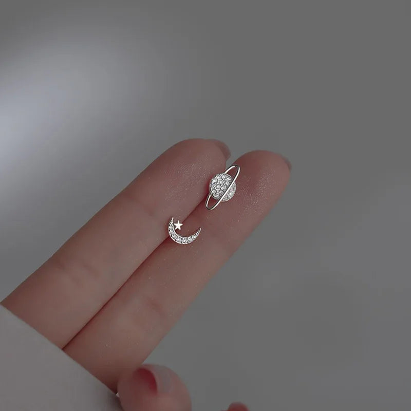 Simple Zircon Star Moon Planet Stud Earrings for Women Gold/Silver Color Asymmetry Ear Pendants Fashion Jewelry