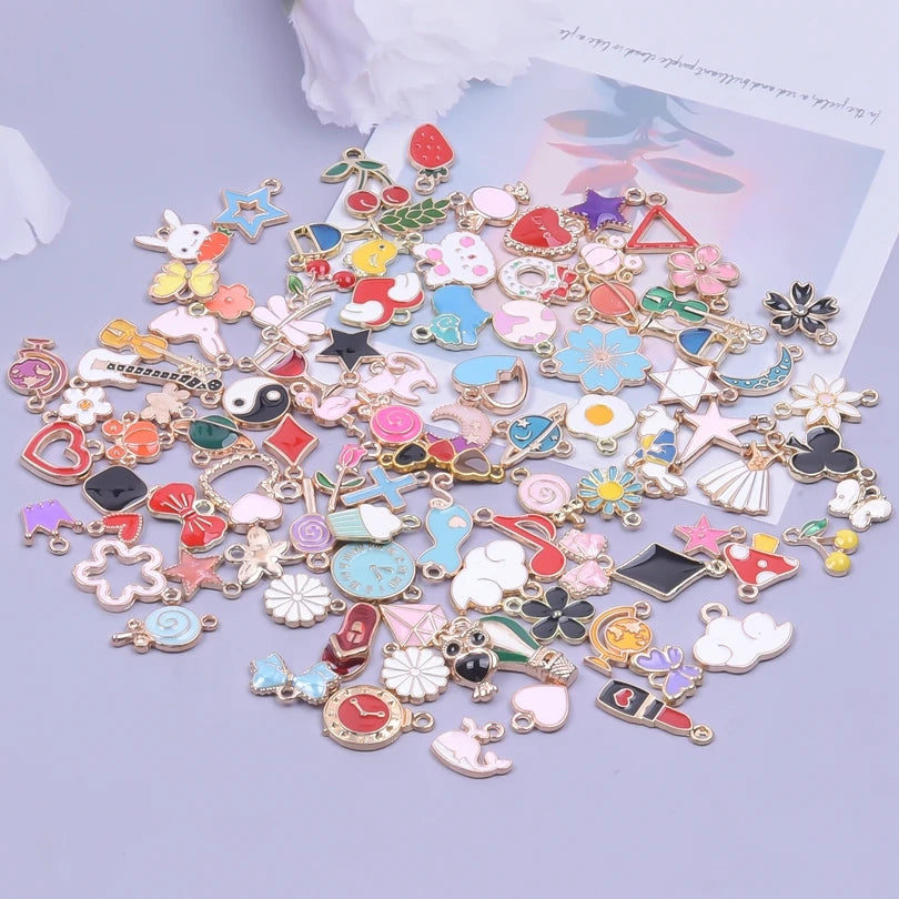 30/50/100PCS Mixed Gold Color Alloy Enamel Cute Heart Flower Fruit Charms Pendant For DIY Earrings Bracelet Jewelry Accessories