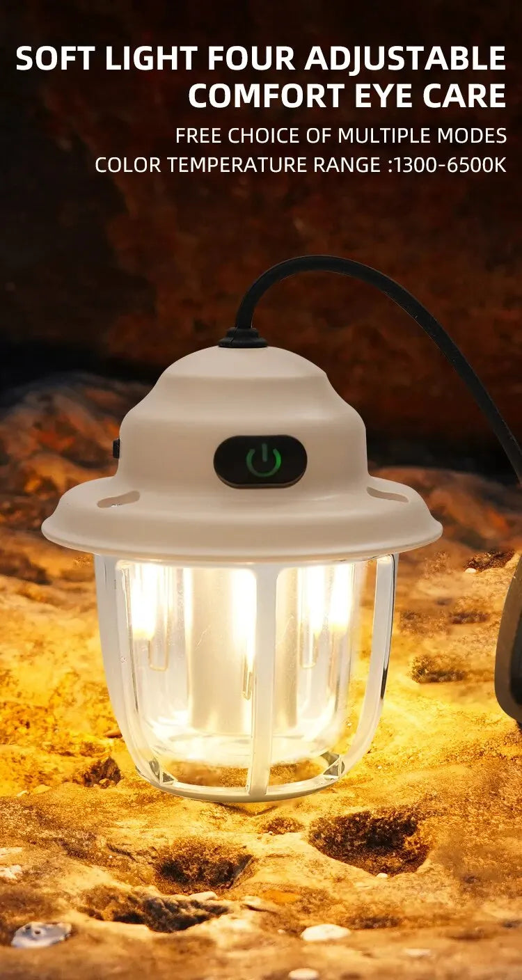 LED Camping Lamp 1200mAh Retro Hanging Tent Lamp 2700K/6500K Emergency Light Lantern IPX4 Waterproof Type C Charging for Outdoor