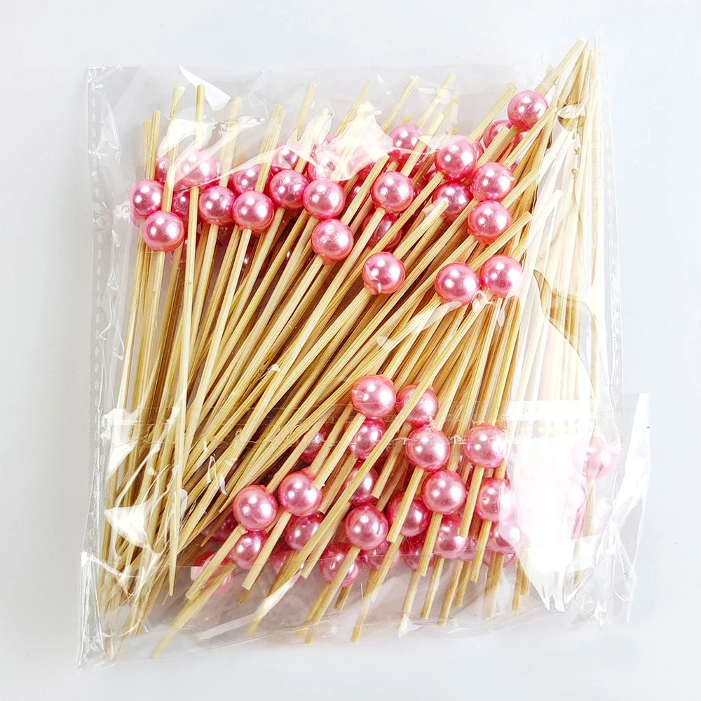 100/50Pcs Wedding Pearl Disposable Bamboo Skewers Wooden Cocktail Picks Fruit Picks Snack Fork Skewer Wedding Party Supplies