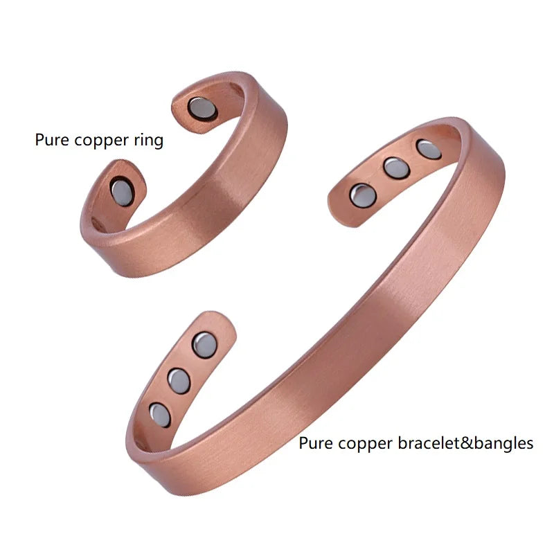 SNQB Simple Jewelry Set Pure Copper Bracelet Rings Cuff Magnetic Bangles For Women Men Arthritis Health Solid Copper Jewelry