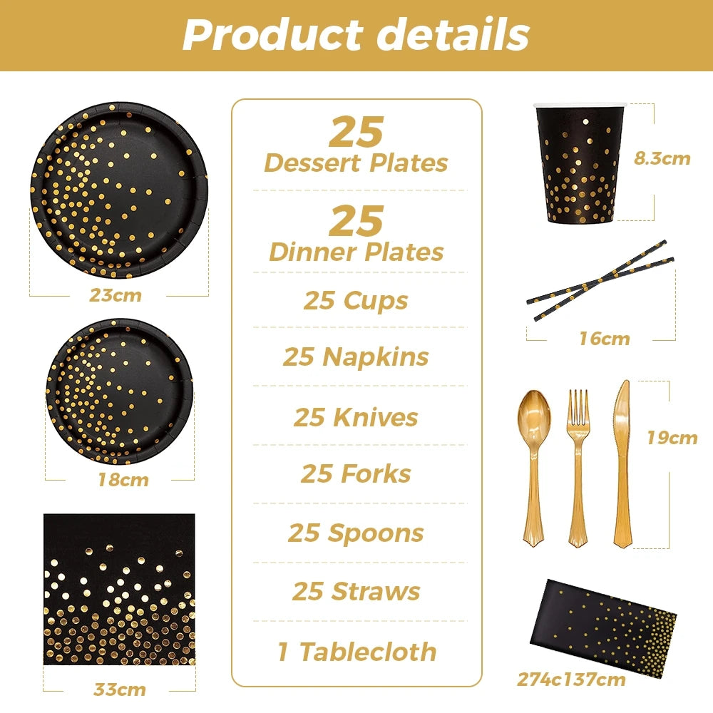 Black and Gold Party Supplies - 201pcs  Disposable Dinnerware Set - Black Paper Plates Napkins Cups, Dinnerware Decorations for