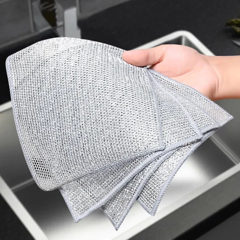 100/1pcs Thickened Steel Wire Cleaning Cloth Non-Scratch Double-layer Microfiber Mesh Wire Rags Washing Dishcloth Kitchen Towel