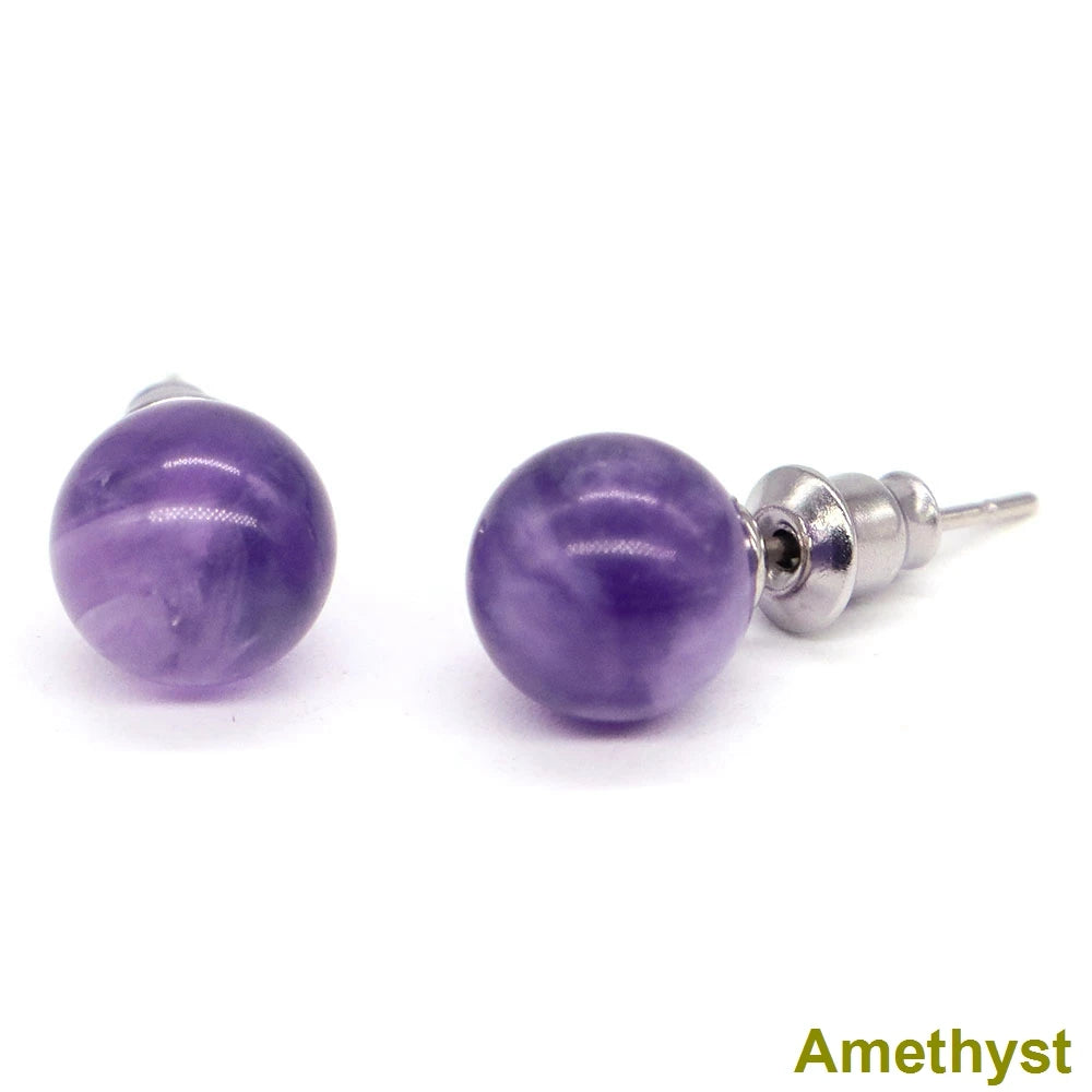 Natural Stone Crystal Round Ball Beads Studs Crystals Gemstone Amethyst Rose Quartz Agate Fashion Earrings Jewelry for Women