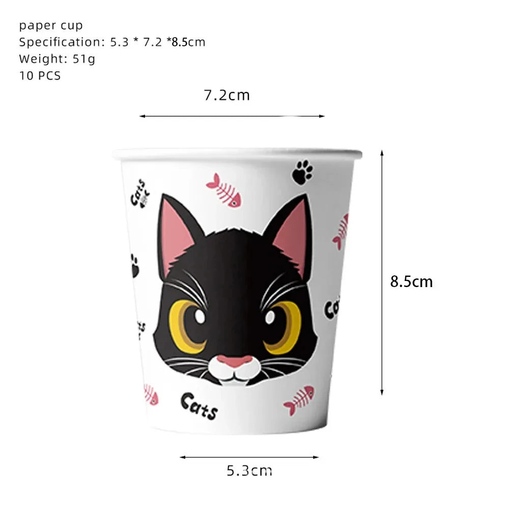 Black White Cat Paper Tableware Set Birthday Party Decorations Kitten Paw Plates Cups Toppers Globes for Cat Baby Shower Supples