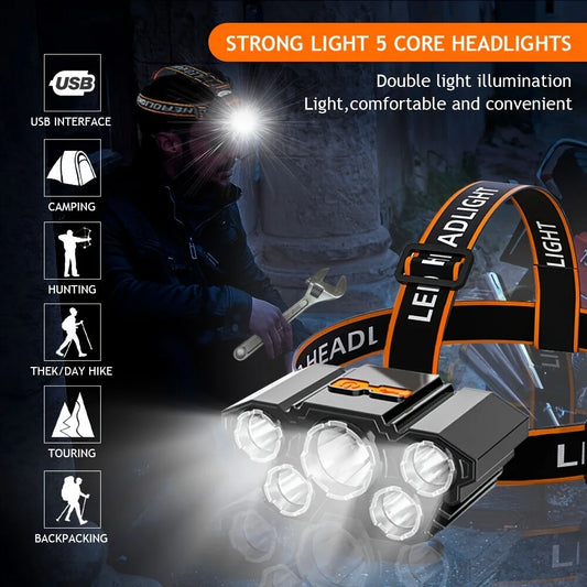 5 LEDs Headlamp Super Bright USB Rechargeable Built-in Battery Camping LED Headlight Waterproof Head Flashlight Fishing Lantern