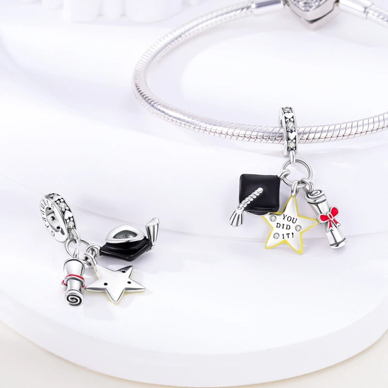 925 Sterling Silver Blue Enamel 2024 Graduation Heart Charm Graduation Cap Fit Pan Bracelet Student Collection Jewelry Gift