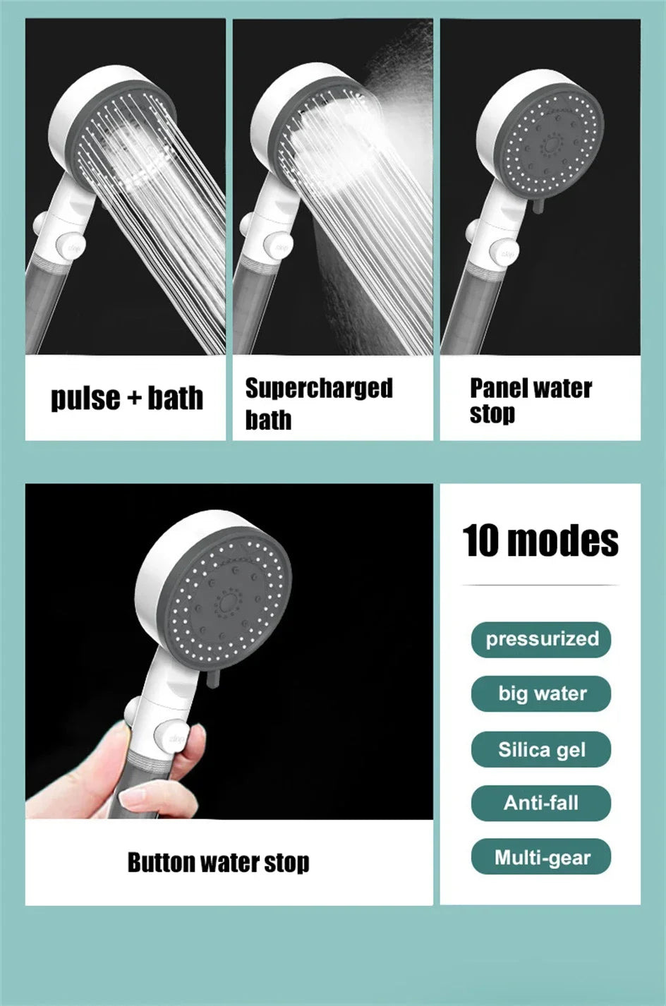 10 Mode Showerheads High Pressure Filter Showerheads One Touch Stop Bathroom Handheld Water Saving Sprayer Bathroom Accessories