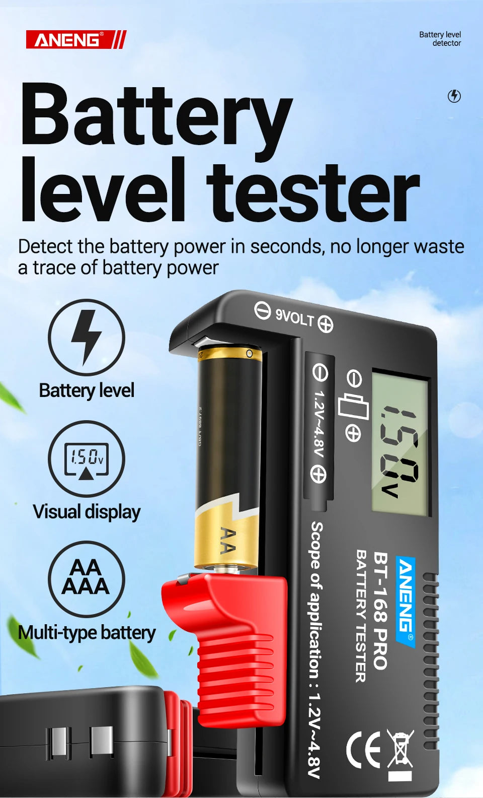 ANENG BT-168 PRO Digital Lithium Battery Capacity Tester Checkered load analyzer Display Check AAA AA Button Cell Universal test