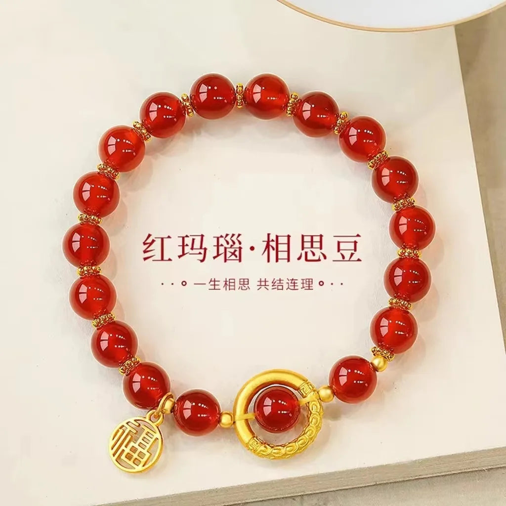 Real gold and red agate acacia bean bracelet AU999 pure gold fortune brand bracelet womens temperament 24k jewelry wholesale