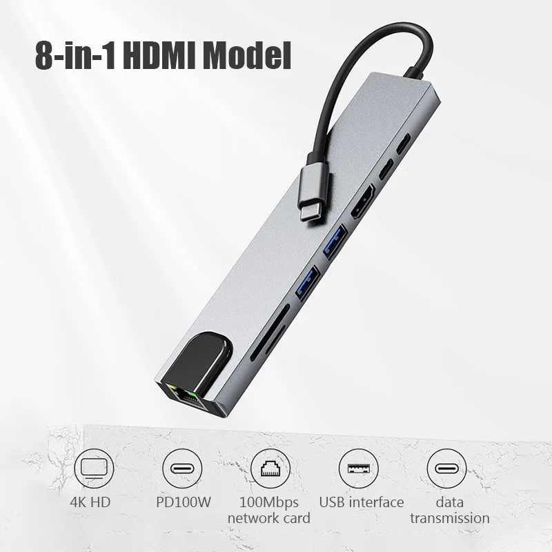 Type C Extender 8 in 1 USB HUB with HDMI Laptop Converter USB C to USB 3.0 2.0 Disk Ethernet Cable Card Reader and Charging Dock