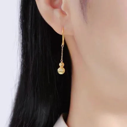 New 999 pure gold earrings for women long tassel real gold earrings leaves 24K ear hook gourd AU999 transfer bead jewelry