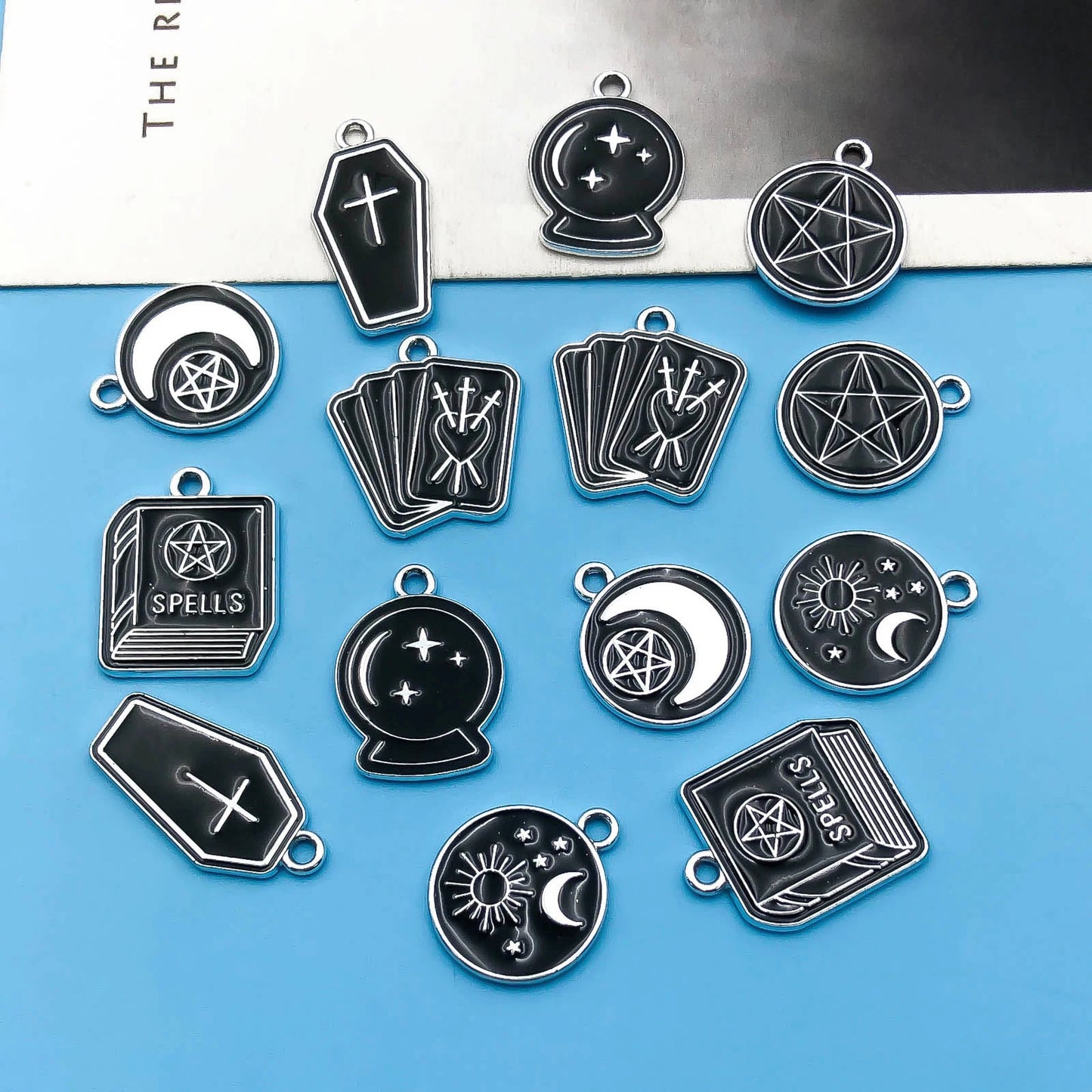 10/14pcs/pack Moon Star Cross Book Charms Enamel Alloy Black Magic Book Magic Ball Pendants For Jewelry Making Earring Bracelet