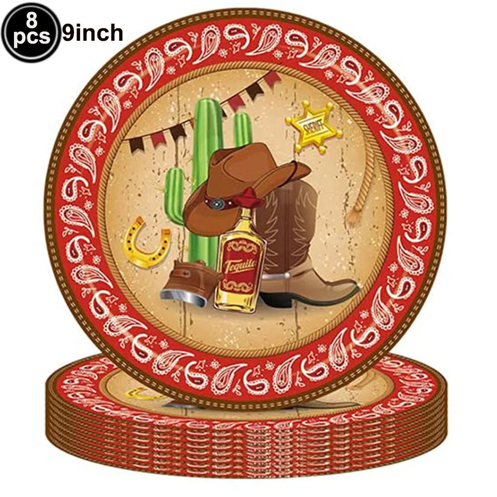 Cowboy Birthday Party Supplies Tableware Paper Plates Paper Cups Napkins Straws Wild West Kids Theme Birthday Cutlery Kit Decor